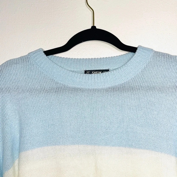 SHEIN Colorblock Sweater Baby Blue White Gray Drop Shoulder Medium Women’s - Picture 2 of 10